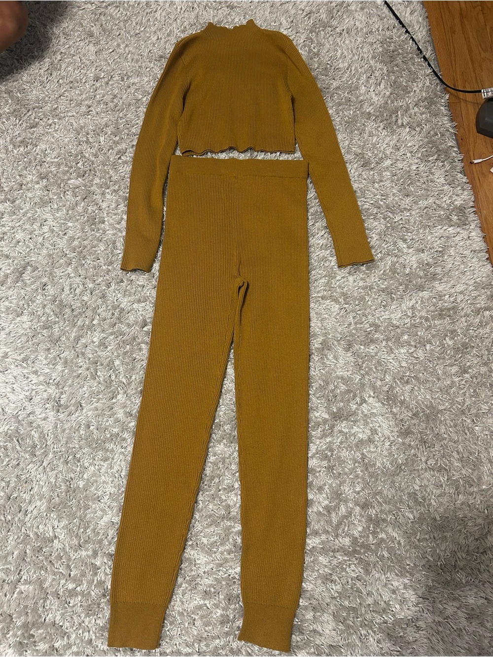 Ribbed Knit High-Waist Pants and mock neck sweater two piece  - Mustard